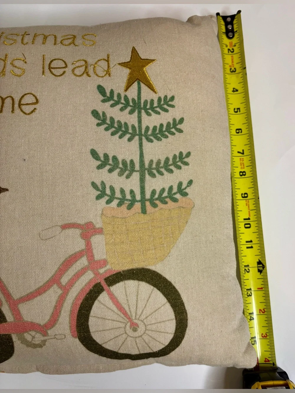 Christmas Bicycle Pillow with bird on a pink Bike with presents & Green Tree